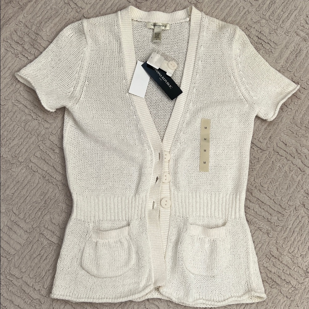 White Short Sleeve Cardigan cotton linen blend Size Medium, New - Picture 7 of 16